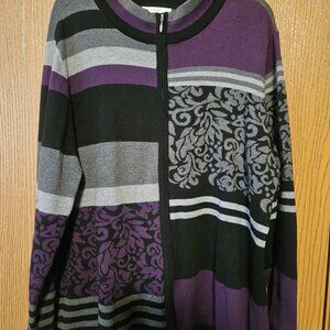 CJ Banks zip-up cardigan, size 2X, purple, gray & black patterned